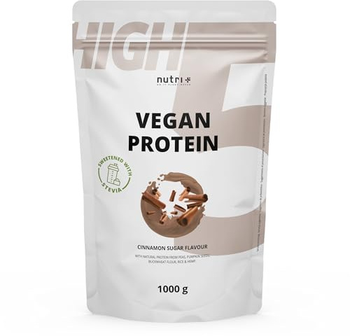 Nutri + Proteína Vegana High Five - Canela y Azúcar - sin Sucralosa ni Soja - a Base de Arroz, Guisantes, Cáñamo, Trigo Sarraceno y Semillas de Calabaza 1kg