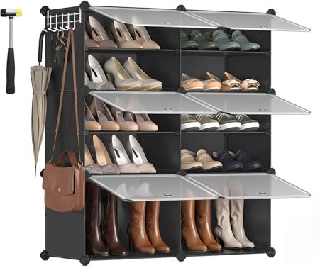 SONGMICS Schuhregal, Schuhschrank mit 6 Fächern, für Garderobe und Eingangsbereich, für bis zu 24 Paar Schuhe, anpassbar, tintenschwarz-transparent LPC033B01