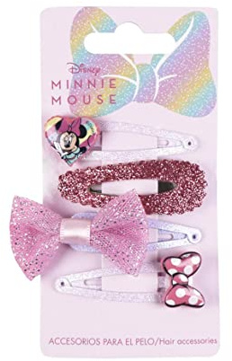 Disney Minnie Mouse Hair Snap Clips for Girls, 2 Inch Metal Shiny Non-Slip Clips with Bow on Top and Glitter, Rainbow Collection - 4 Hair Clips
