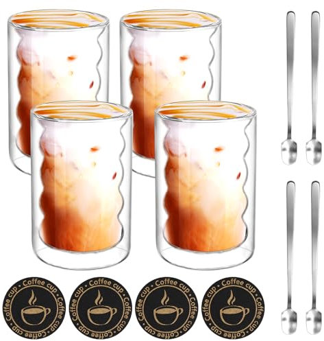 Conjunto de 4 Tazas de Café de Cristal, 350ML Vasos de Espresso de Doble Pared Transparente, Tazas de Vidrio Borosilicato con 4 cucharas y posavasos, para Cafe Leche Té Latte Macchiato y Más (4pcs)