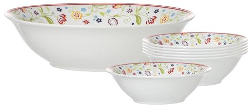 Ritzenhoff & Breker Shanti Salatschalen-Set 7-teilig, Große Salatschüssel ø 23 cm und kleine Salatschälchen ø 14,5 cm mit Blümchen Dekor, Salat-Servier-Set für 6 Personen