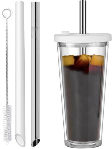 ALINK 24 Oz Iced Coffee Tumbler,Reusable Cup Leak Proof and Double Wall Insulated Bubble Tea Cups with Reusable Plastic and Metal Straws(White)