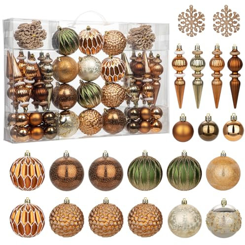 92ct Christmas Tree Decoration Set - Shatterproof Christmas Baubles with Strings, Bronze-Champagne