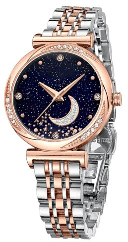 rorios Damen Mode Uhren Frauen Edelstahl Armbanduhren Analog Quarz Damenuhr Elegant Diamant Uhr Sternenklarer Himmel Uhr