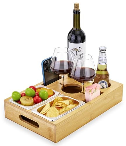 WELDUN 2 in 1 Couchbar Snackbox Bambus Sofatablett mit 2 Edelstahl Snackschale Getränkehalter Flaschenhalter, Serviertablett für Wohnzimmer Sofa Party