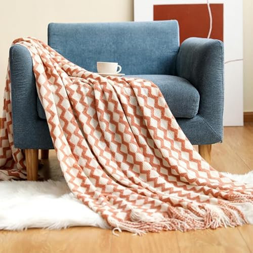 YIHANSS Decke, Strickdecke, leichte Sofadecke mit Quasten, Überwurfdecke, 127 x 172 cm, dekorative gewebte Decke für Reisecouch, Stuhl/Senfgelb/127 x 172 cm