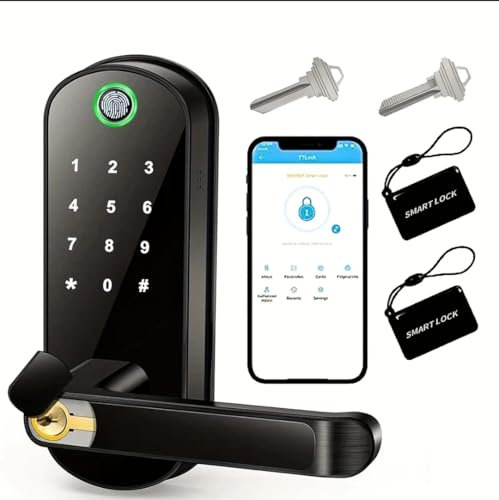 Smart Lock with Digital Keypad, Fingerprint and Smartphone App, Two Passcards, Two Emergency Keys Included (Black)