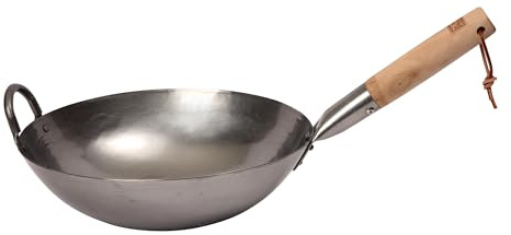 School of Wok - Wok artesanal de acero al carbono sin revestimiento de 30 cm, parte inferior redonda auténtica, mango de haya, sirve para 2-3 personas