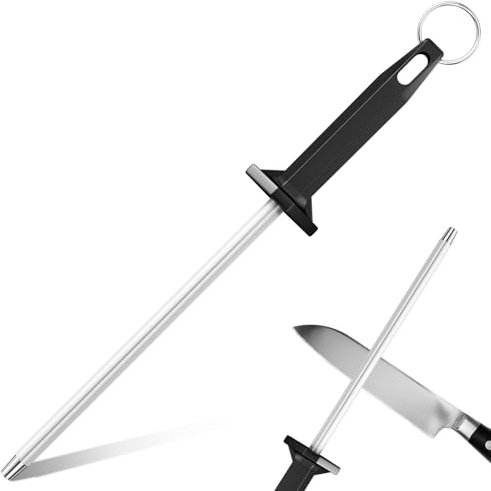 Maxentico Chaira Afilador Manual de Cuchillos, Afilar Profesional de 9 Pulgadas, Cuerpo Redonda de Acero al Carbono Cromado, con Mango Negro Ergonómico de Polipropileno para Hojas Muy Finas
