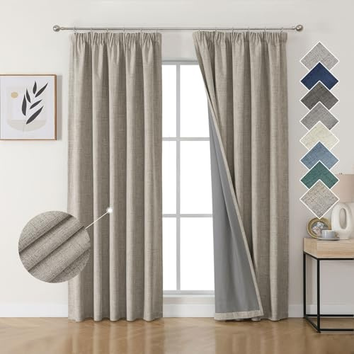 Joydeco 100% Blackout Curtains Bedroom 52 x 84 Inch Drop, Faux Linen Pencil Pleat Thermal Insulated Drapes with Coating Back Layers for Room Darkening Privacy Protection, 2 Panels, Linen Colour
