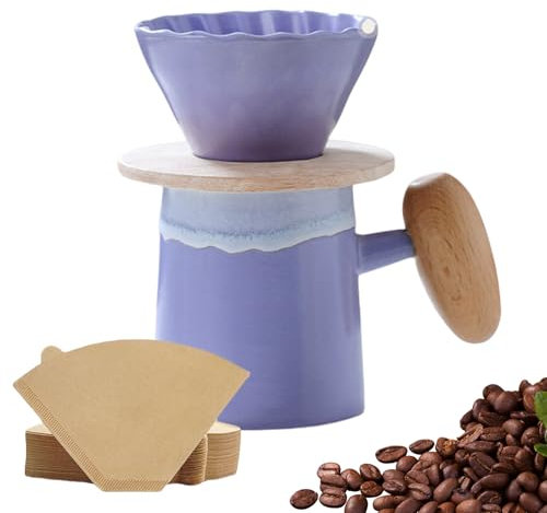 Pasdrucn Filtro de café reutilizable, filtro de café de porcelana con juego de taza, cafetera con filtro, verter sobre gotero de café, con taza de cerámica para el hogar, café (morado)