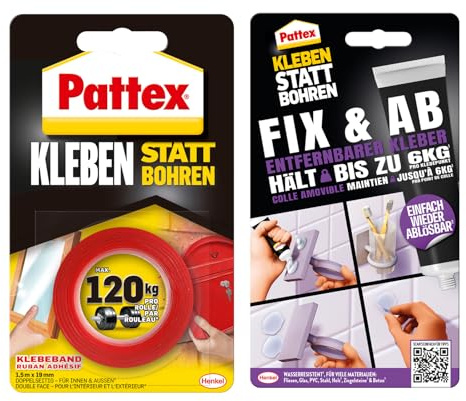 Pattex Set Klebeband Kleben statt Bohren 1,5 m, max 120 kg/m², extra starkes doppelseitiges Klebeband und Kleben statt Bohren Fix & Ab 44 g, Kraftkleber hält bis zu 6 kg, ablösbarer Wandkleber