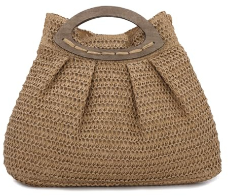 Ynport Crefreak Bolso de Paja para Mujer - Bolso de Mano de Playa de Verano Tejido Bolso de Paja de Viaje con asa de Madera para Vacaciones de Fiesta
