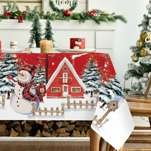 Tischdecke Weihnachten Rot 140x180cm, Polyester Tischdecke Abwaschbar, Winter Weihnachtstischdecke Groß mit Yeti Weihnachtsbaum Schneeflocke Modern Deko Weihnachtsdeko Innen