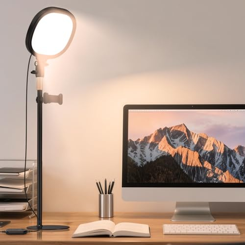PQRQP Desk Ring Light with Stand & Built-in Phone Mount, CRI ≥97, Adjustable Ring Light for Computer Webcam Meetings, Video Calls, Recording & Home Office(Soot Black)