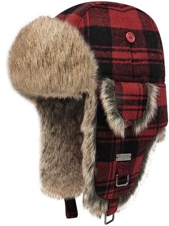 Kurhatic Unisex Fliegermütze Winter Wool Mütze Warme Pilotenmütze mit Kunstfell Ohrenschützer Wintermütze für Herren und Damen