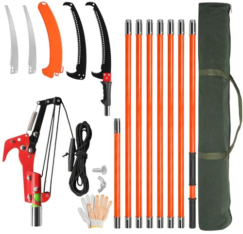 Outopee 26FT Pole Pruning Saw, Manual Pole Saw Long Handle Pruner Set, Telescopic Tree Trimmers Garden Tools with Sharp Blade, Scissors, Carry Bag for Pruning Palms and Shrubs High Branches, Orange