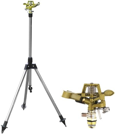 Aspersor de impacto en base de trípode retráctil, aspersor de agua de aleación de zinc resistente para patio, césped, jardín, rotación de 0 a 360°, cobertura de área grande, conector universal de 1/2