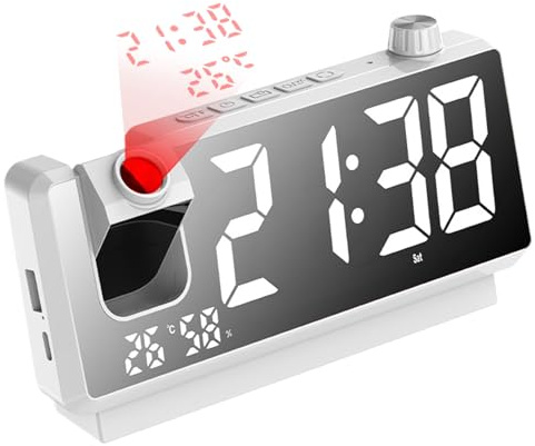 Digital Clock Projector – LED HD takprojektion väckarklocka | Trådlös smart säng-tid-display, 180° justerbar projektor, dubbellarm, dimbar ljusstyrka, sovrum, vardagsrum, resor