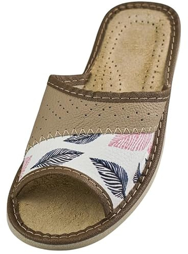 APREGGIO zapatillas de cuero para mujer – sandalias con puntera abierta, diseño de hoja de Monstera, suela antideslizante, zapatillas de verano para el hogar, talla 41
