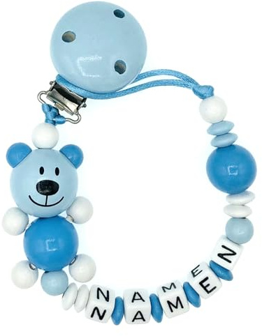 Nuckelkette mit Namen  3D - BÄR/TEDDYBÄR  in verschiedenen Farben und Motiven/Baby/Unisex/Personalisiert/HANDMADE (Babyblau Skyblau Weiß)