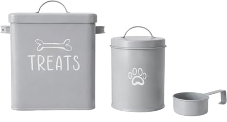YöL Pet Treat Tin Set with Airtight Seal and Scoop, Metal Food Storage Containers for Dog and Cat Treats, Modern Kitchen Counter Storage, Easy Clean, 23 x 18 x 15cm Tin, 17 x 11 x 11cm Container