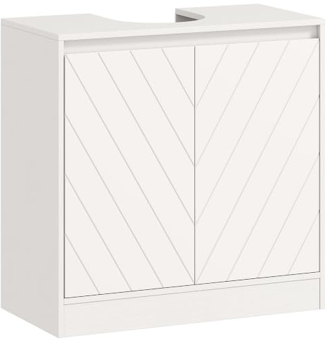 HOMCOM Meuble Salle de Bain sous Lavabo 60L×30l×59,8H cm Blanc | Meuble de Salle de Bain Moderne avec 2 Portes à Chevrons et Étagère Réglable, Armoire de Salle de Bains sous Lavabo