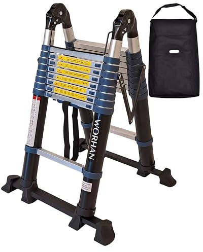 Echelle de 5.6m Télescopique WORHAN Aluminium Anodisé avec 2 Stabilisateurs Télescopiques Modulable Pliable Polyvalente Escabeau Solide 560cm + Sac De Transport K5.6+Bag