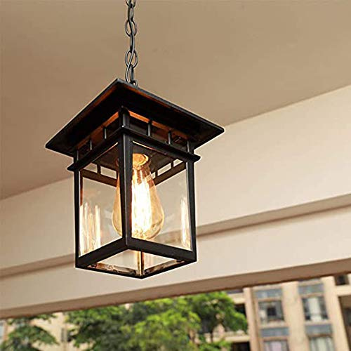 Outdoor Höhenverstellbar Pendellampe Retro Außen/Innen Hängeleuchte E27 Schwarz Wasserdichter IP23 Aluminium Glas Lampenschirm Pendelleuchte für Garten Flur Balkon Pavillon Villa Trauben Rahmen