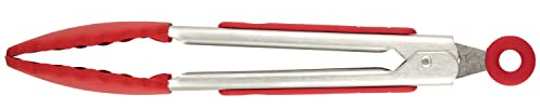 Tovolo Small Tongs with Silicone Tips 8.25 Inch Mini Kitchen Tongs for Serving Appetizers Salads Ice Stainless Steel Metal Tongs for Cooking, Heat Resistant Mini Tongs for Serving Food, Cayenne Red