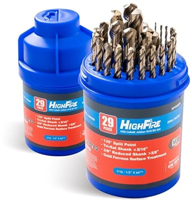 HIGHFIRE 29 PCS M35 Cobalt Drill Bit Set, HSS Twist Jobber Drill Bits with 135 Degrees Split Point and Three-Flat Shank, 3/8” Reduced Shank, Gold Oxide Metal Drill Bits Set (1/16” - 1/2” x 1/64”)