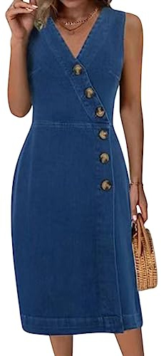 ORANDESIGNE Robe en Jeans Femme Mi Longue Droite été Bretelles Larges Robe De Bal Denim Chic de Plage Casual Elegante Décontracté Lâche Ample Robe Debardeur Top Vacances midi Dress Bleu L