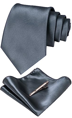 JEMYGINS Klassisch Formal Elegant Herren Seidenkrawatte Set-Krawatte & Einstecktuch Sets Feuersteingrau Dunkelgrau