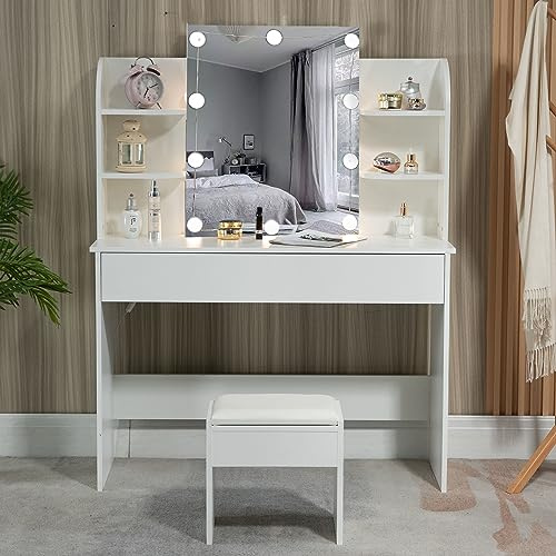 Thanaddo Schminktisch, Frisiertisch mit Spiegel, Hocker, Schublade & 4 offene Ablagen, Schlafzimmerkommode, Modern Kosmetiktisch, Weiß