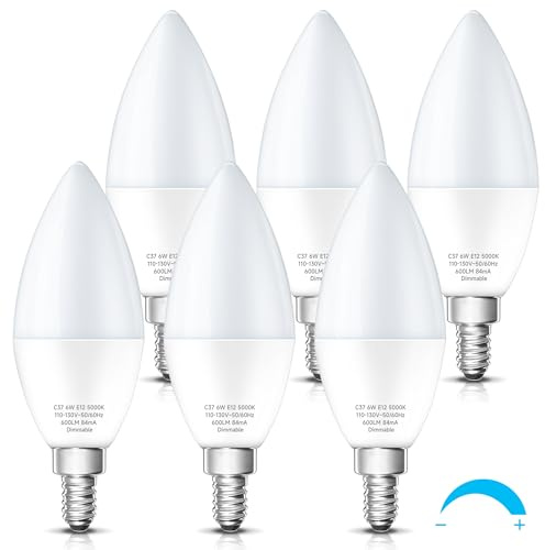 KINDEEP LED Candelabra Light Bulbs Dimmable 60 Watt Equivalent, Daylight 5000K, 600LM, E12 Candle Bulb Base 6W Ceiling Fan Lightbulbs Type B Bulb for Chandelier, Wall Sconces, 6 Pack