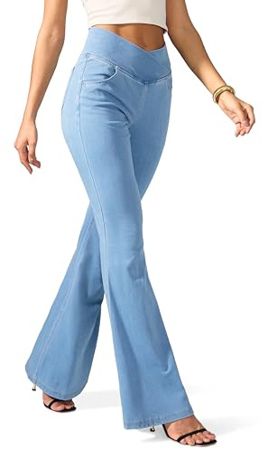 Rammus Flare Jeans for Women Crossover High Waisted Bell Bottom Jeans Trendy Yoga Pants Stretchy Flare Leggings with Pockets Light Denim