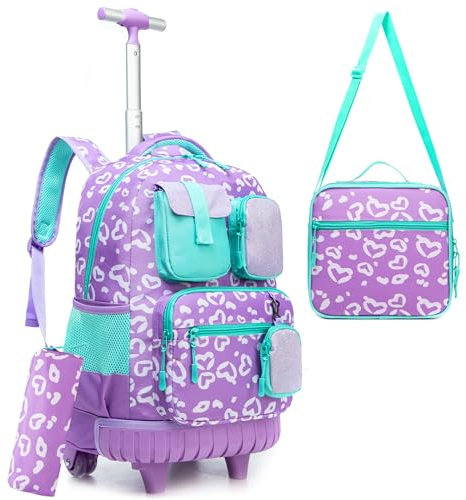 HTgroce 3 st Multipocket Grundskola Trolley Ryggsäck med Trolley Flicka med Snackväska och Pennfodral, A-hjärta, 43 cm x 30 cm x 20 cm