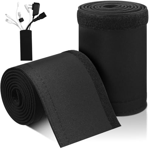 Poen 2pcs 120 Total Inch Cable Management Sleeve Trolling Motor Cable Sleeve Neoprene Cord Organizer Reversible Flexible Wrap Cover DIY Adjustable Hole Wire Protect for Office Computer Home, Black
