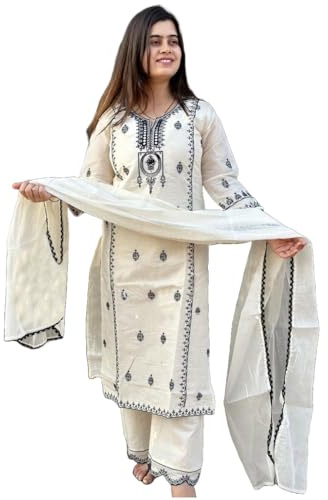 GoSriKi Women's Kurta with Trousers and Dupatta, Straight, Embroidered, Viscose Blend, White, Large