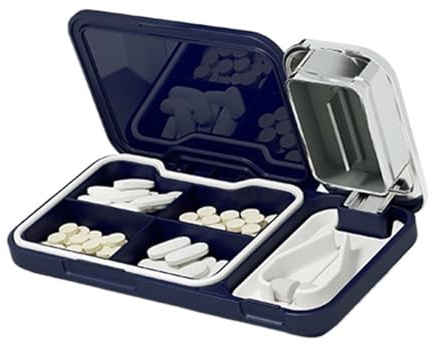 KANLVU Metall Tablettenteiler Tragbar Tablettenschneider Für Große, Kleine Und Kleinste Pillen Tabletten Teiler Mit 4-Raster-Spender Pillenteiler Für In Hälften Oder Viertel(Blau)