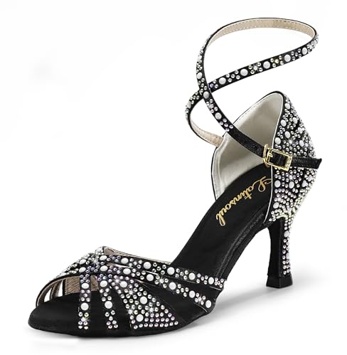 Latinsoul Y205-36 Scarpe da Ballo Latino da Donna con Tacco Alto e Strass Design Elegante con Cinturino Regolabile Scarpe comode per Ballo da Sala e Salsa Colore Nero,Formato 37 EU