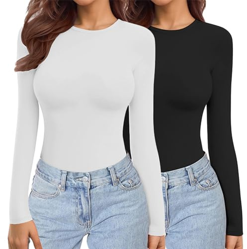 Ekouaer Damen 2 Pack Langarmshirt Thermo Tops XS-XXL | figurbetont, dehnbar, weicher Thermostoff mit Micro-Fleece, ausreichend lang zur Bauchabdeckung