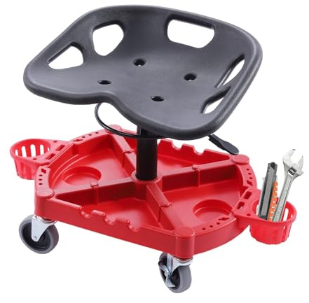 Robusto sgabello da garage con ruote girevoli a 360° e vassoio per attrezzi, altezza regolabile per meccanici e officine di riparazione auto