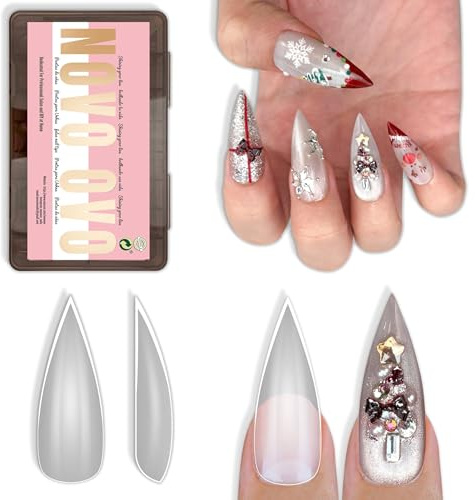NOVO OVO Sharp Stiletto - Unghie finte a punta, medie e lunghe, in gel morbido, doppie, opache, trasparenti, copertura completa, per saloni di bellezza, fai da te, 16 misure, 224 pezzi