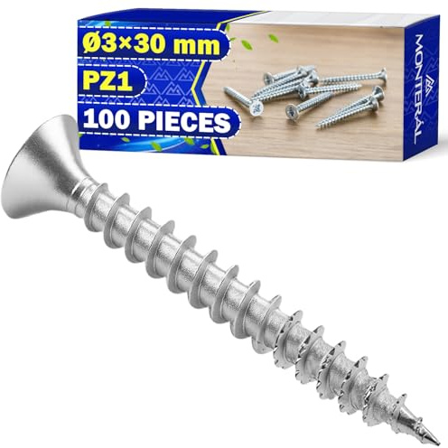 100 Piezas Tornillos para Madera Ø 3x30 mm Tipo de Ranura PZ1 - Fabricados de Acero Galvanizado - Pueden Usarse como Tornillo para Madera - MONTERAL