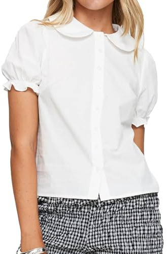 Peter Pan Collar Button Down Shirts for Women Solid Doll Neck Short Puff Sleeve Preppy Blouse Babydoll Tees
