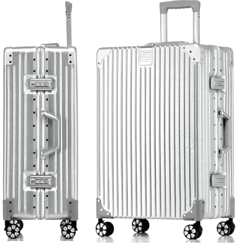 Aoliwei Aluminiumrahmen Koffer M (57cm) Handgepäck – Leichter 100% PC Hartschalen-Trolley in Metall-Optik, 42L Business Reisekoffer mit TSA, 4 leisen 360° Rollen, Silber