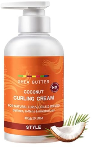 Coconut Curling Cream with Shea Butter, 10.58oz Curl Enhancing Smoothie Hair Cream Nourishing Leave-In Hair Mask & Conditioner, Long-Lasting Hold Moisturizing Elastic Styling Wax, Definition Hair