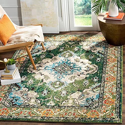 SAFAVIEH Boho Teppich für Wohnzimmer, Esszimmer, Schlafzimmer - Monaco Collection, Kurzer Flor, Waldgrün und Hellblau, 91 X 152 cm