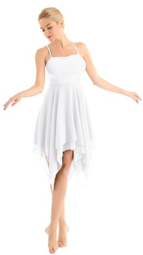 Freebily Vestido de Danza Contemporanea Ballet Mujer Maillots de Baile Elástica Vestido Largo de Tirantes Ropa Deportiva de Danza Latina Sevillanas de Falda Irregular Blanco S